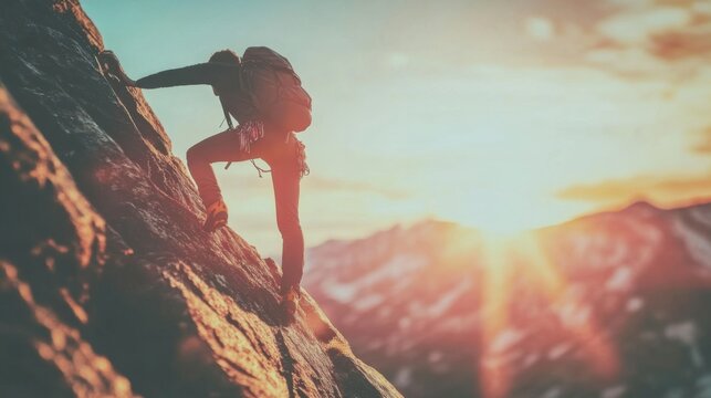 A mountaineer climbing towards the sunrise, symbolizing personal development and emerging opportunities.