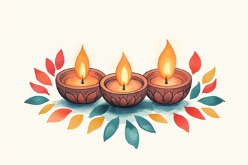 Traditional Indian Clay Lamps (Diyas) Surrounded by Flower Petals and Rangoli Art in Festive Colors in Watercolor Style