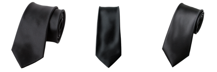 Elegant collection of black ties showcasing various styles and designs ideal for formal occasions and professional attire. transparent background