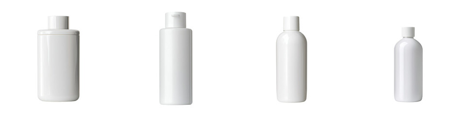 Empty plastic bottles in various sizes, perfect for packaging, storage, or design purposes. transparent background