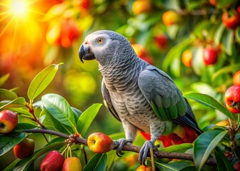 Fototapeta premium Vibrant grey parrot perches on a lush green tree branch, indulging in a colorful fruit feast surrounded by vibrant leaves and warm sunlight filtering through.