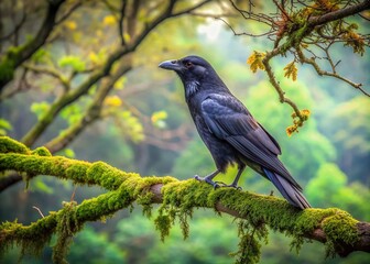 Obraz premium A majestic crow perches on a gnarled branch of a ancient tree, its sleek black feathers glistening in morning dew, surrounded by lush green foliage.