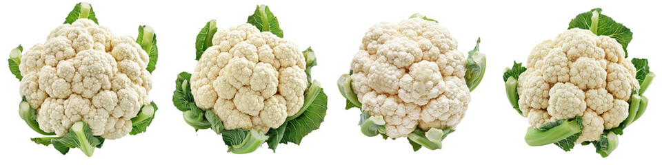 Fresh cauliflower heads arranged neatly, showcasing healthy vegetables, perfect for cooking, salads, and nutrition-focused dishes. transparent background