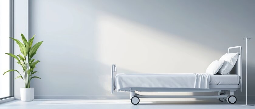 Bright hospital room with a clean bed and natural light, symbolizing recovery, serene healthcare environment
