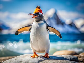 Fototapeta premium Flamboyant penguin flaunts its funky hip-hop moves with swagger, spinning and flipping to the beat in a colorful, energetic, and humorous Antarctic scene.
