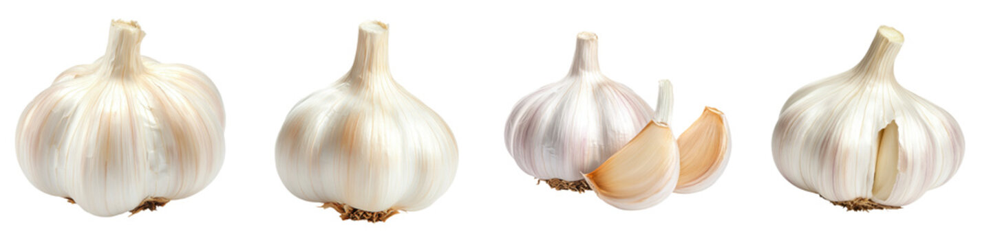 Fresh garlic bulbs displayed in various stages, showcasing their texture and color, perfect for culinary and food-themed projects. transparent background