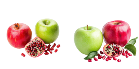 Fresh red and green apples accompanied by pomegranate halves and seeds on a bright background, ideal for food styling. transparent background