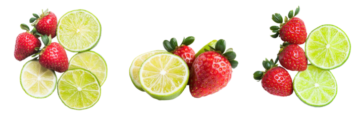 Fresh strawberries and limes arranged beautifully, perfect for highlighting healthy cuisine or refreshing drinks in your projects. transparent background