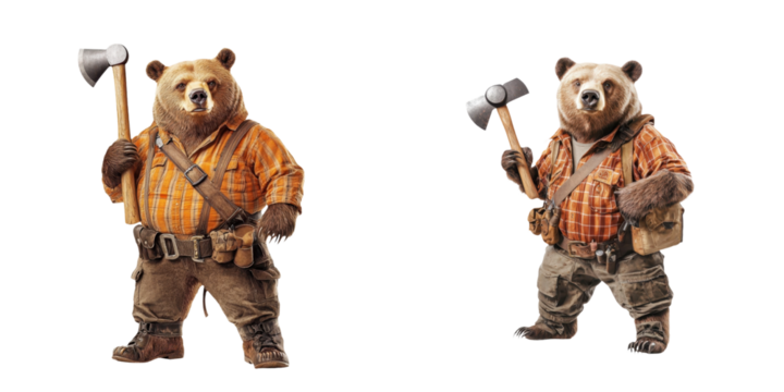 Playful cartoon bears dressed as lumberjacks, holding axes, ready for adventure in a whimsical forest setting. transparent background
