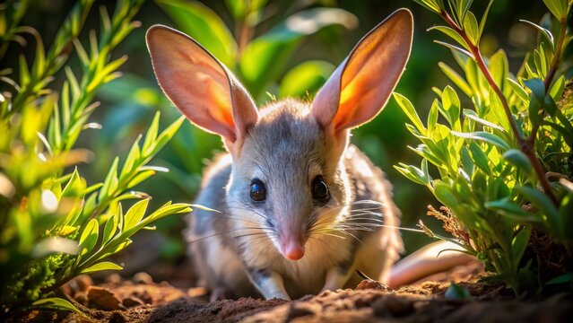 Delicate bilby with oversized ears peeks out from beneath lush green foliage, softly illuminated in a serene and intimate Australian outback setting.