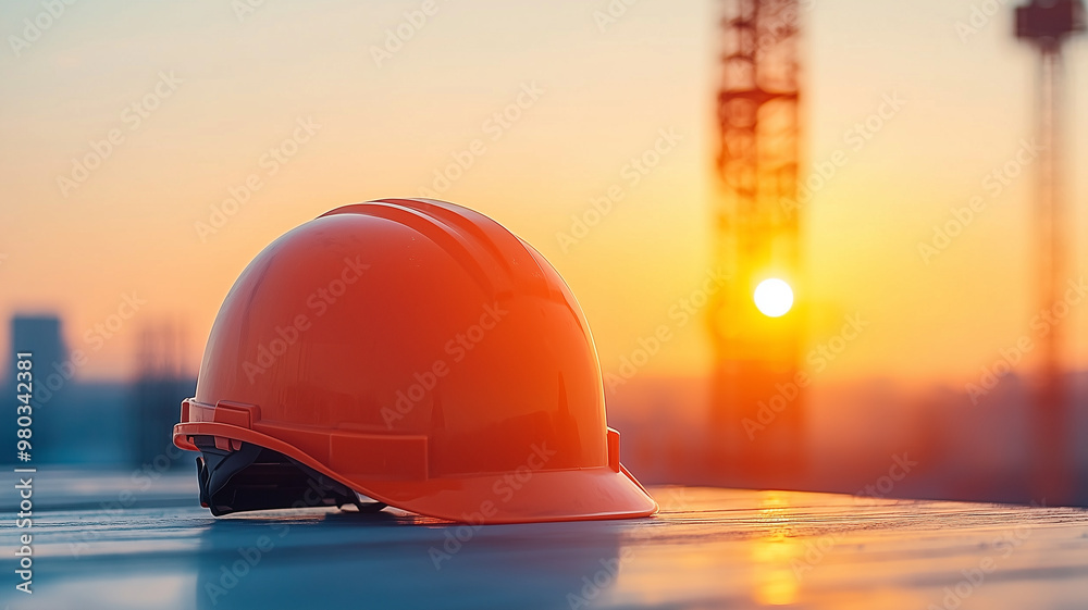 Poster a stunning image of an engineering helmet at sunset, symbolizing safety and hard work in constructio