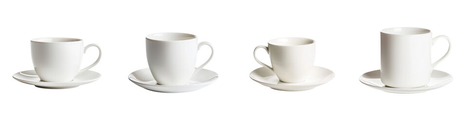 Set of elegant white coffee cups on saucers, perfect for showcasing beverages or restaurant menus. transparent background