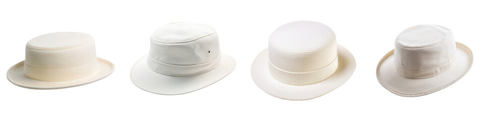 Set of elegant white hats displayed in a row, perfect for formal events or theatrical performances. transparent background