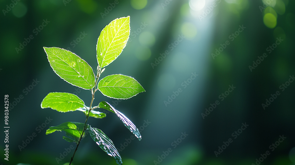 Aufkleber a vibrant green leaf stands out as sunlight filters through trees, creating serene and peaceful atmo