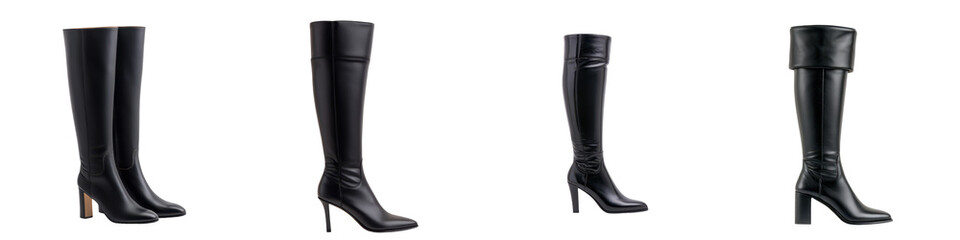 Stylish black knee-high boots with elegant design, perfect for any fashionable outfit and versatile for various occasions. transparent background