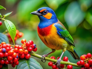 Obraz premium Vibrant bird with bright red beak and radiant blue-yellow plumage perches on a branch laden with juicy berries, amidst lush foliage and stunning natural beauty.