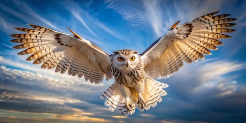 Fototapeta premium A majestic white and brown owl in mid-flight, wings spread wide, feathers ruffled, and eyes fixed intently on its target, against a serene blue sky background.