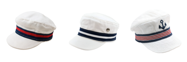 Three stylish sailor hats with unique designs, perfect for nautical-themed outfits or summer fashion. transparent background