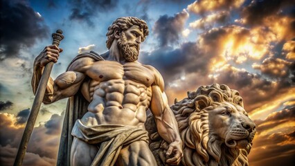 Majestic stone statue of Hercules, demigod of Greek mythology, stands proudly with lion's skin draped over shoulder and club in hand, exuding strength and power.