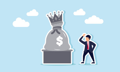 A businessman puzzled by a crowned money bag statue, illustrating an entrepreneur’s wealth seeming stagnant due to unproductive assets
