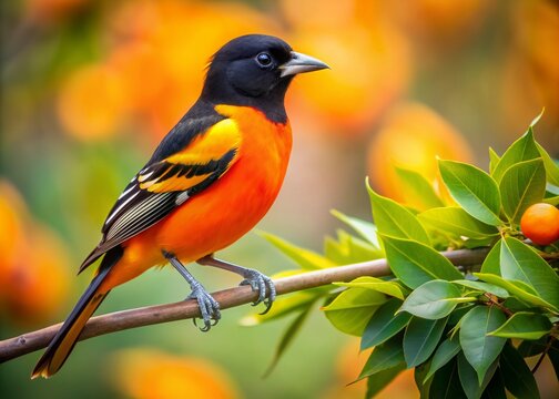 Vibrant oriole perches on a branch, its bright orange plumage popping against a soft, blurred backdrop of lush orange grove trees and foliage.