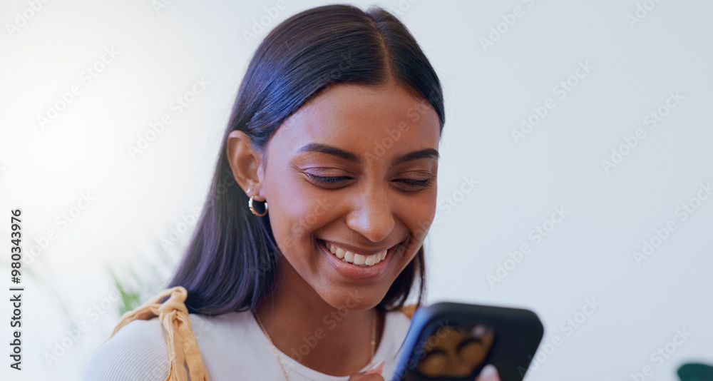 Poster girl, laughing and phone with scroll in home for social media browsing, reading funny ebook or smile