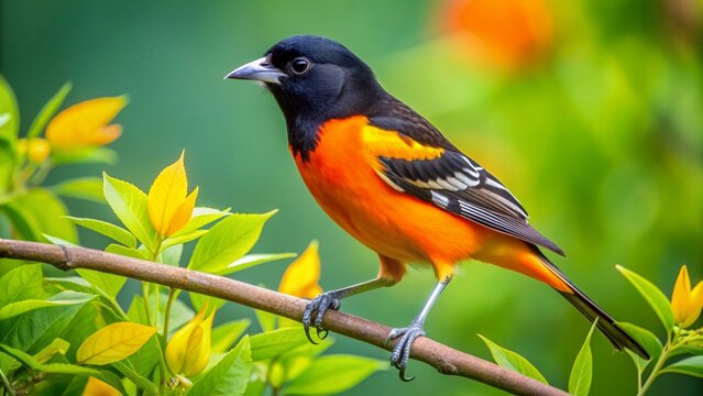 Vibrant orange and black Baltimore oriole perches on a delicate branch amidst lush green foliage, its bright plumage and subtle feathers on full display.