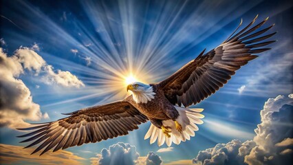 Majestic eagle soars high in the clear blue sky, wings outstretched, feathers glistening in the sunlight, talons extended, with a regal, powerful, and free spirit atmosphere.