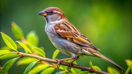 Adorable female house sparrow perches on twig, showcasing brown back and wings, streaked chest, and distinctive black throat patch, amidst lush green foliage background.