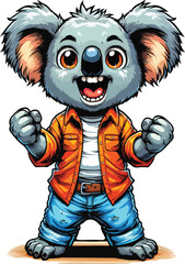 Koala wearing orange shirt and blue jeans with exited expression