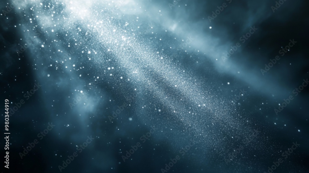 Poster Soft beams of light emerge through a dark, misty background, creating an enchanting atmosphere filled with sparkling particles, evoking a sense of wonder and mystery in the ambient space.