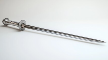 A sleek, polished sword with an ornate hilt and pointed blade.