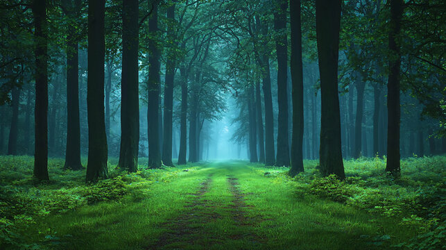 Enchanted Forest Pathway Surrounded by Majestic Trees and Lush Greenery Awaits Your Next Adventure in Nature's Embrace