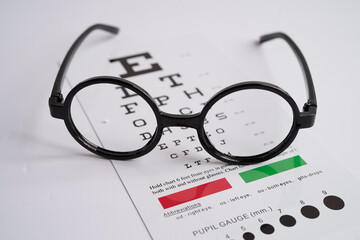 Glasses on eye exam chart to test eyesight accuracy of reading.