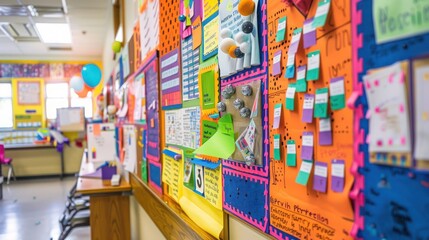 Naklejka premium A colorful bulletin board displaying various student projects and announcements