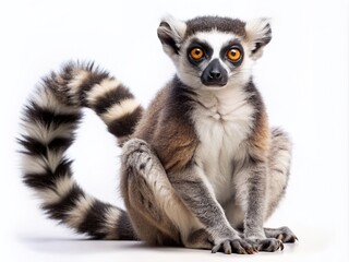 Fototapeta premium Adorable lemur with large round eyes, fluffy fur, and long tail perched on its hind legs, isolated on a pure white background with soft shadows.