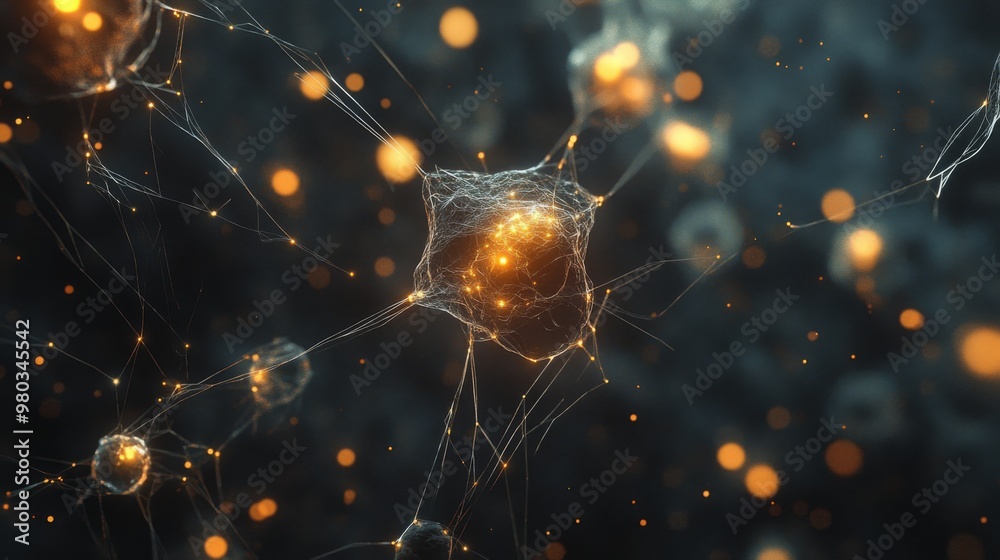 Aufkleber A detailed view reveals a complex neural network with numerous glowing connections. Light particles float amidst a dark background, highlighting the structure of the neurons and synapses.