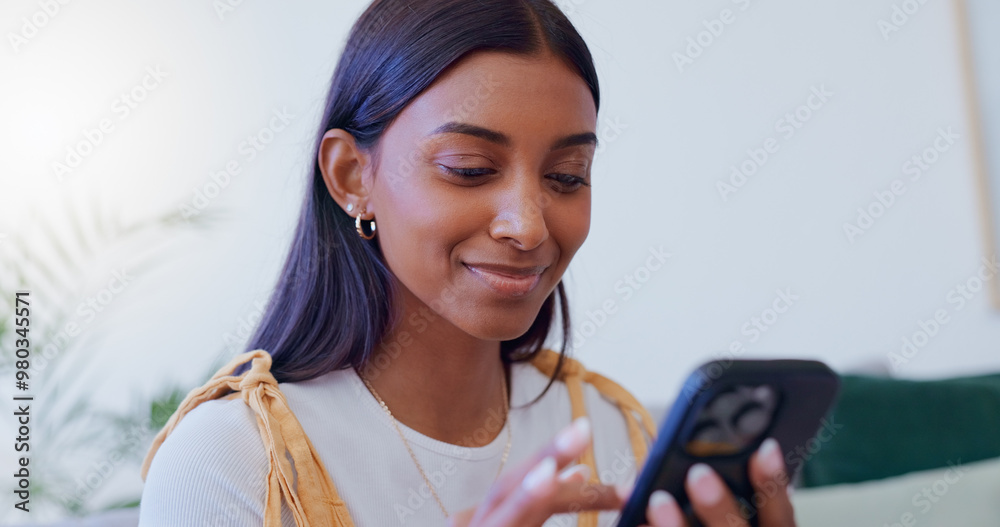 Poster girl, sofa and phone with scroll in home for social media browsing, reading ebook and smile for text