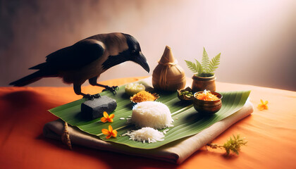 During Pitru Paksha ritual, a crow consumes rice offerings.