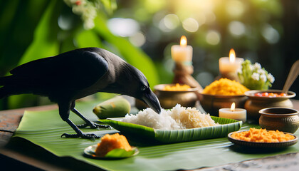 During Pitru Paksha ritual, a crow consumes rice offerings.