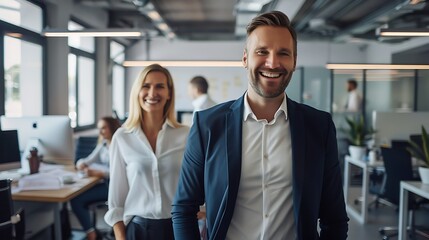 Fototapeta premium Smiling Businesspeople Collaborating in Modern Office Setting, Teamwork Environment