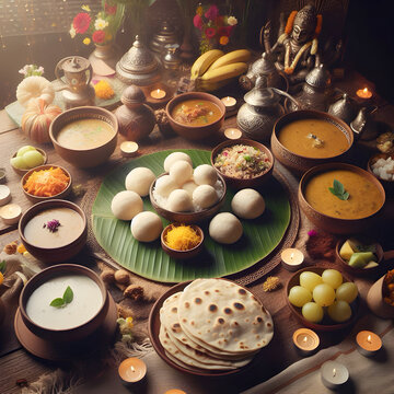 Indian offerings of riceballs, kheer, dal, and chapati made for Pitru Paksha ritual.