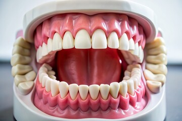 Obraz premium A detailed, labeled model of the human mouth showcases healthy white teeth, pink gums, and a tongue, ideal for educational or medical illustrations.