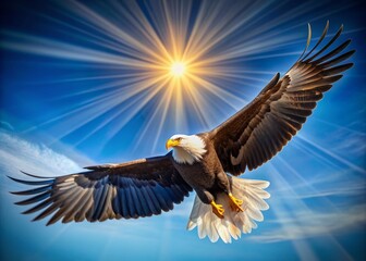 Fototapeta premium Majestic adult bald eagle soars through a clear blue sky, wings spread wide, feathers glistening in sunlight, freedom and power exuding from its regal presence.