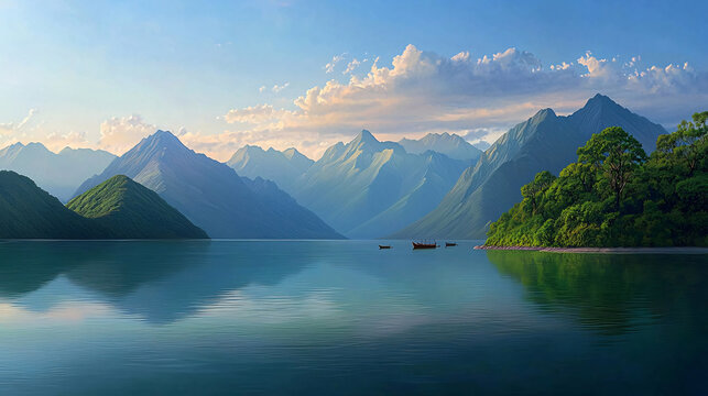 Serene Mountain Lake at Dawn Reflecting Lush Greenery and Soft Clouds Under a Clear Blue Sky Creating a Perfect Nature Scene