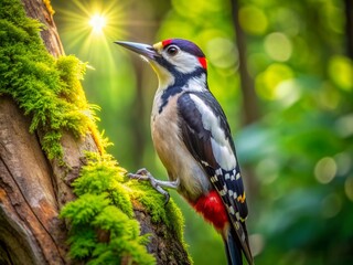 Fototapeta premium Vibrant woodpecker perched on rustic tree trunk, vibrant plumage glistening in dappled sunlight, busy pecking at insects amidst lush green forest surroundings.