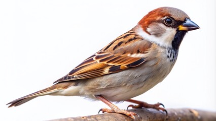 Fototapeta premium Small grey and brown sparrow with distinctive markings and bright black eyes perches alone on a transparent background, its tiny feathers and beak sharply defined.