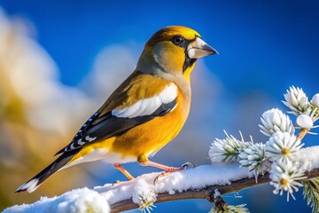 Naklejka premium Vibrant female evening grosbeak with yellow-orange plumage and black wings perches on a snow-covered tree limb, exhibiting striking color contrast against a soft blue sky.