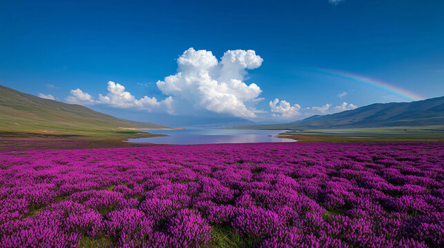 Breathtaking Lavender Fields Under a Clear Blue Sky with Majestic Mountains and a Glimmering Rainbow in the Distance, A Perfect Escape in Nature