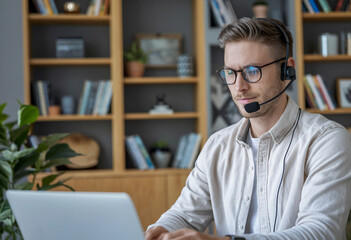 Cheerful customer service representative working from home with a headset and laptop, delivering support in a cozy home office environment.